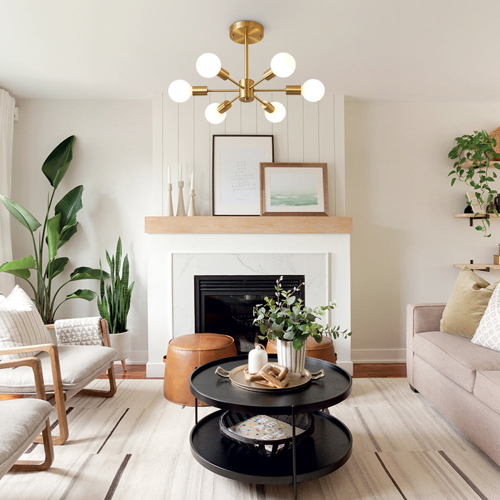 Xavier sputnik ceiling light – in a living room with a fireplace