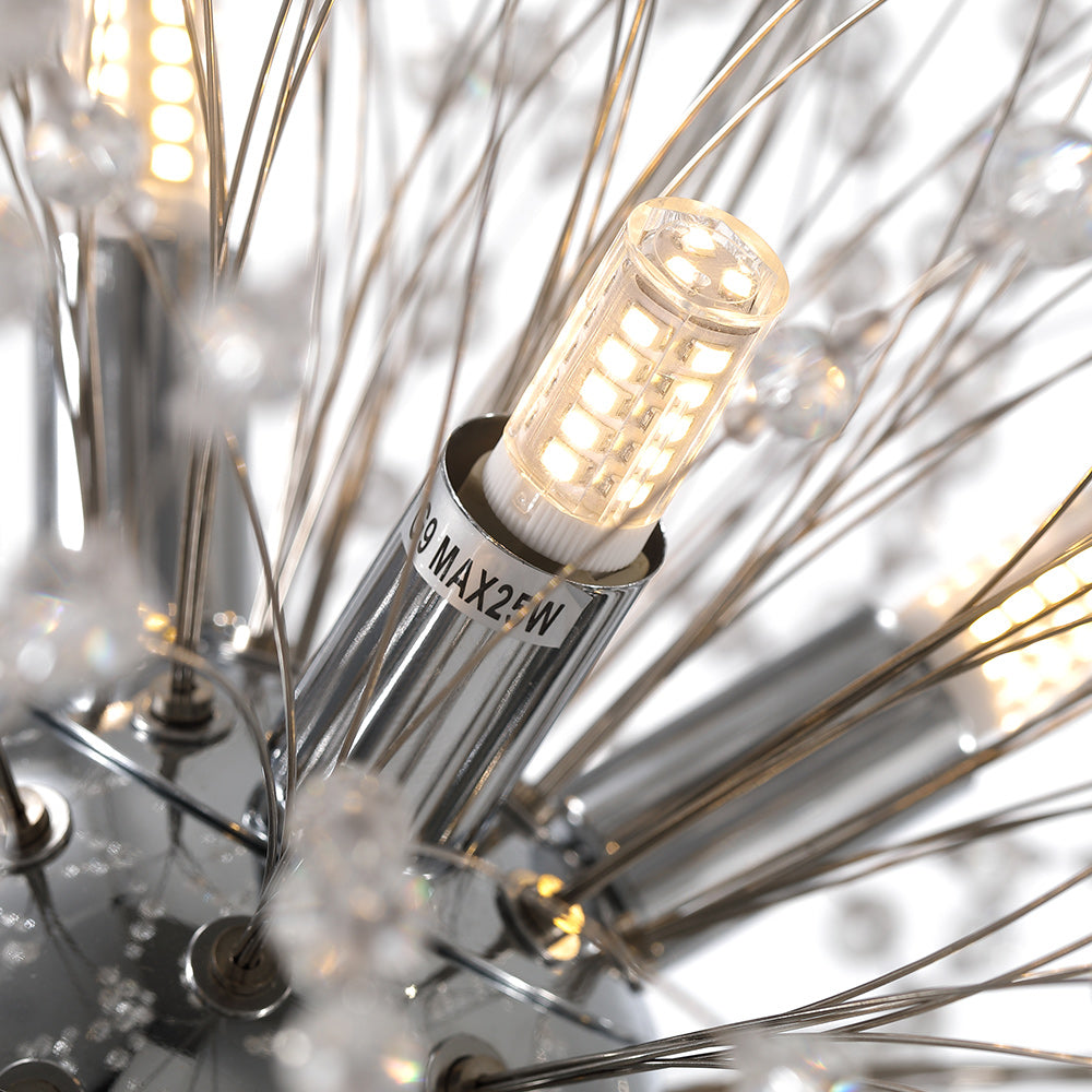 Delphine firework crystal chandelier – chrome bulb close-up