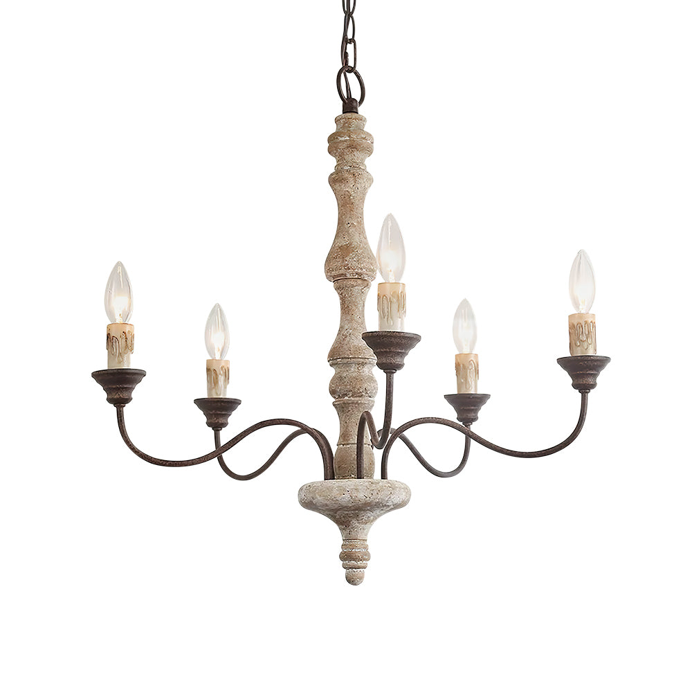 Amalia 5-light chandelier with brown candles, lit, on white