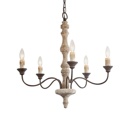 Amalia 5-light chandelier with brown candles, lit, on white