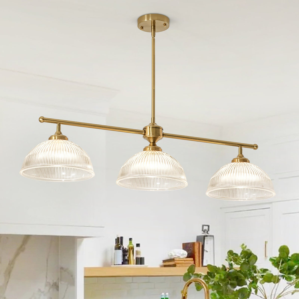 Eleonora ribbed glass pendant light – 3-light bar version
