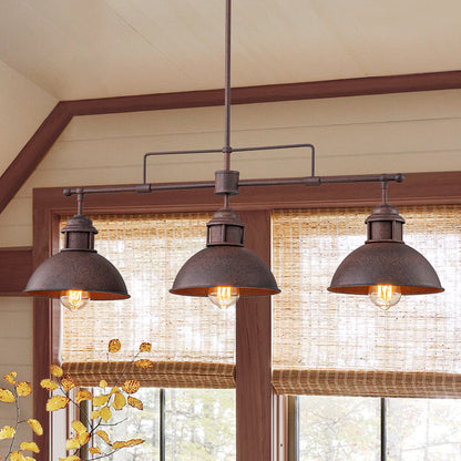 Benedict 3-light linear dome pendant – by a window with wooden beams