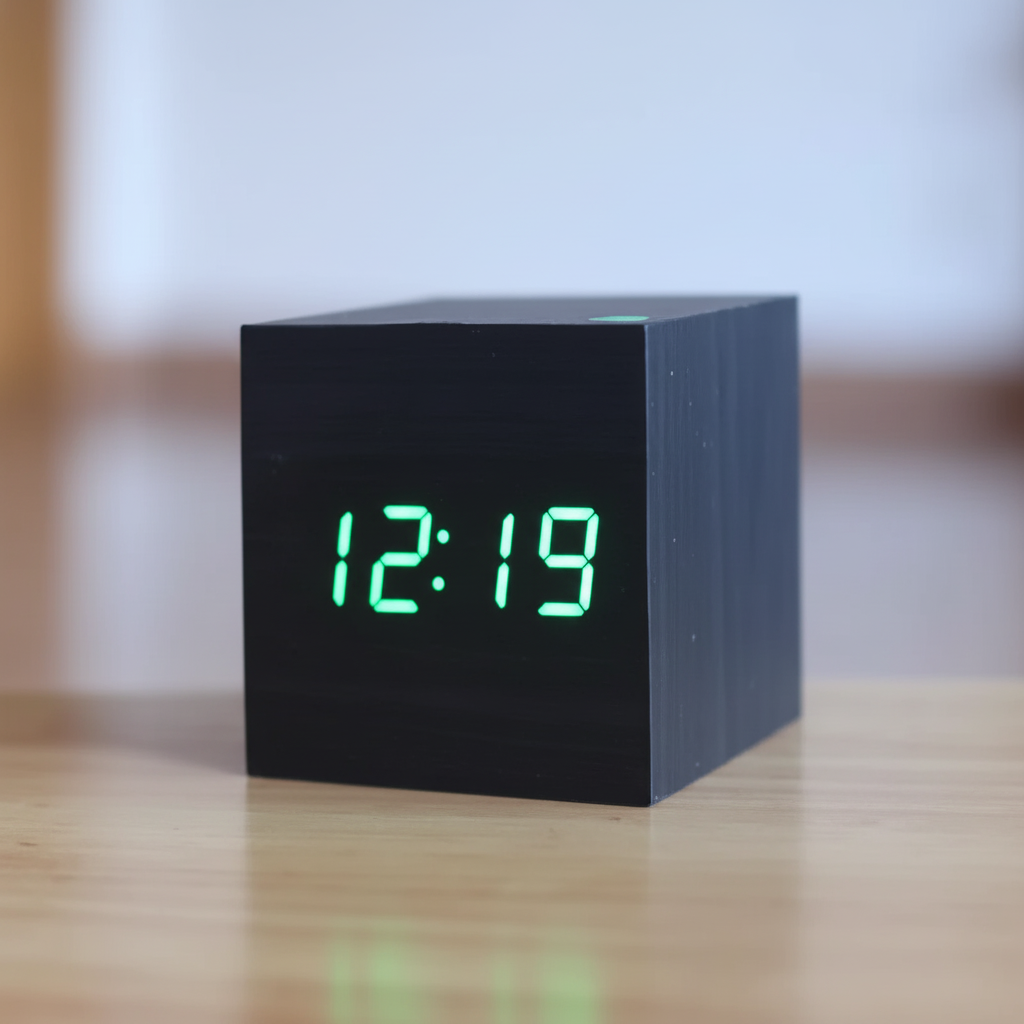 Verena Wood-Look Digital Clock – Black, Green Display