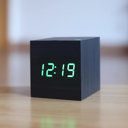 Verena Wood-Look Digital Clock – Black, Green Display