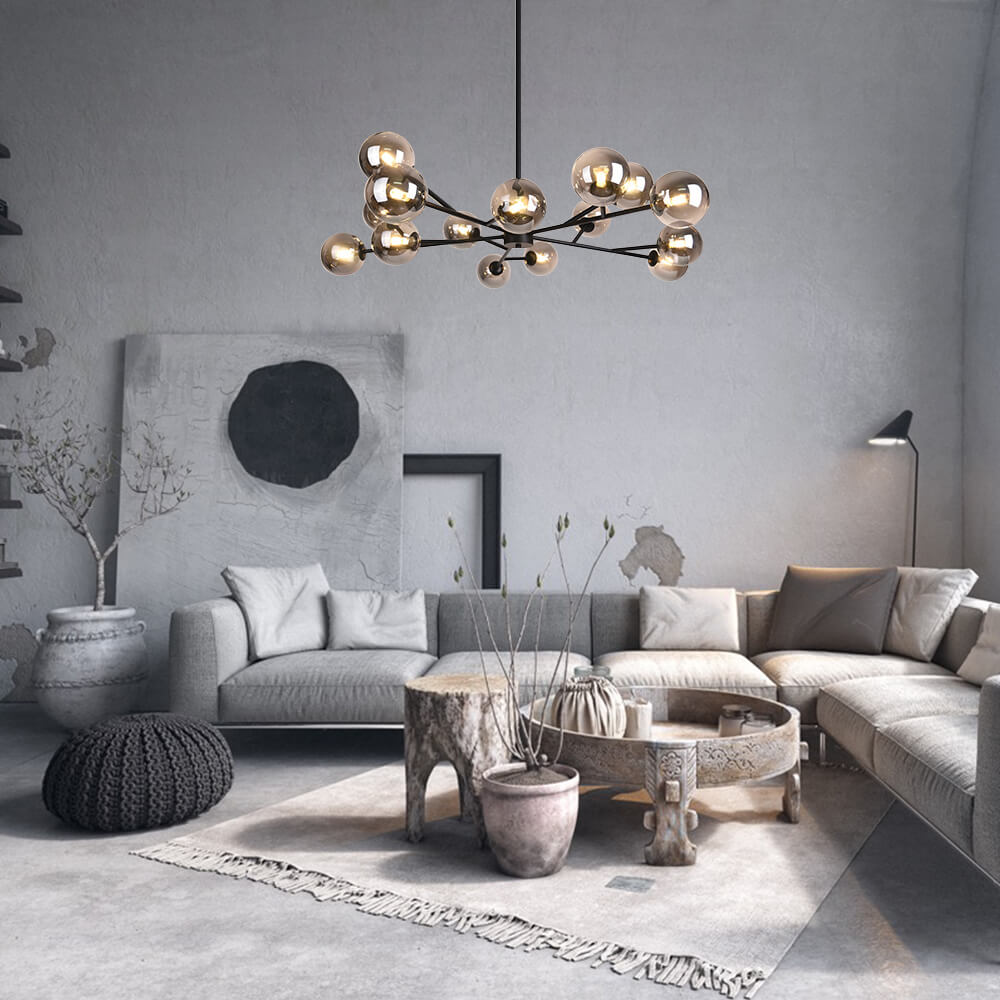 Paloma bubble chandelier – black in a grey living room