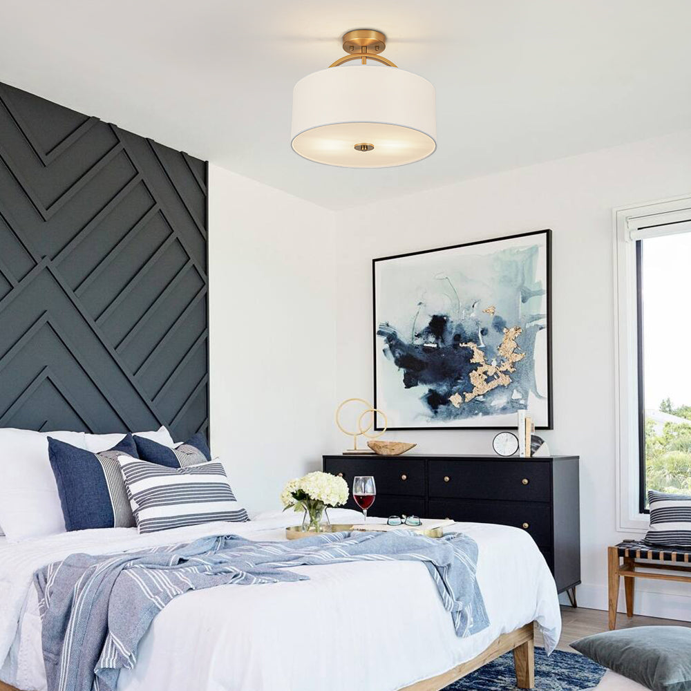 Isadora linen drum ceiling light – in a bedroom