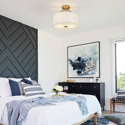 Isadora linen drum ceiling light – in a bedroom