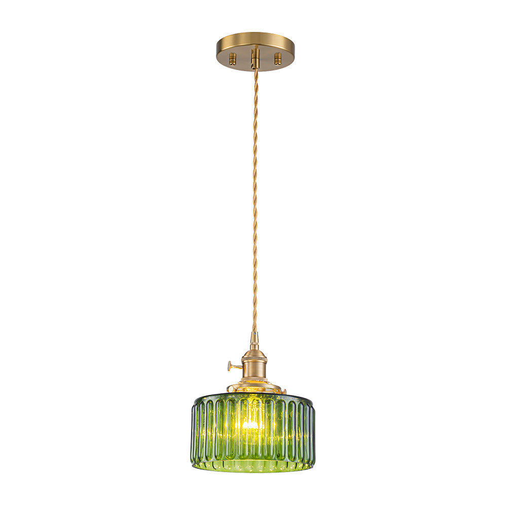 Juliette ribbed glass drum pendant light – green glass with canopy on white