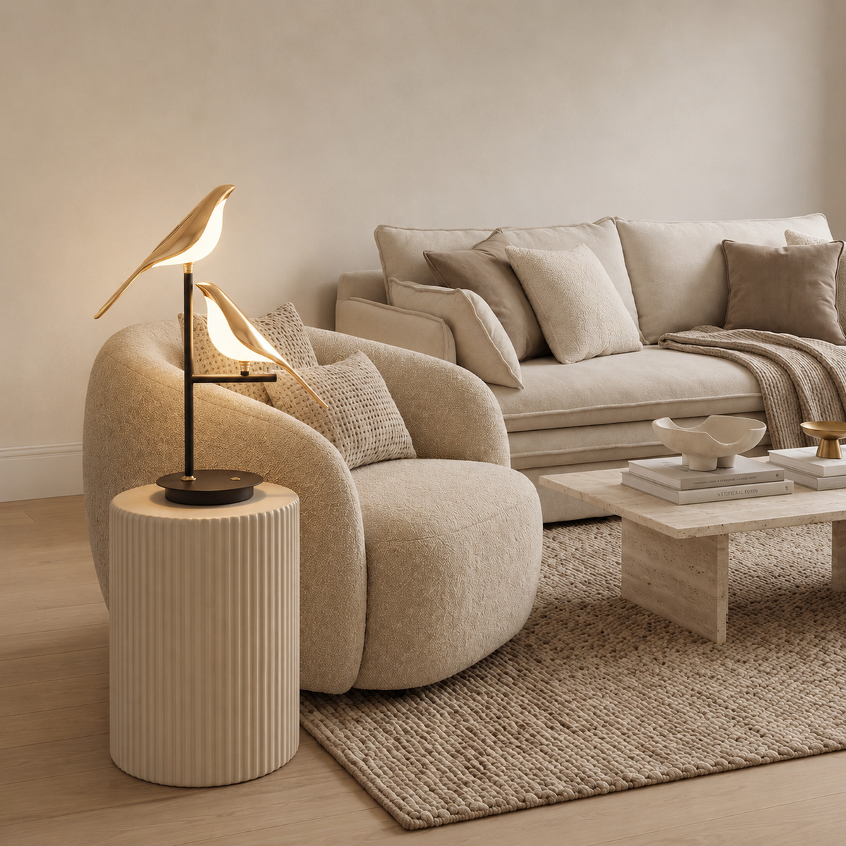 Avelle gold bird table lamp styled in a home interior