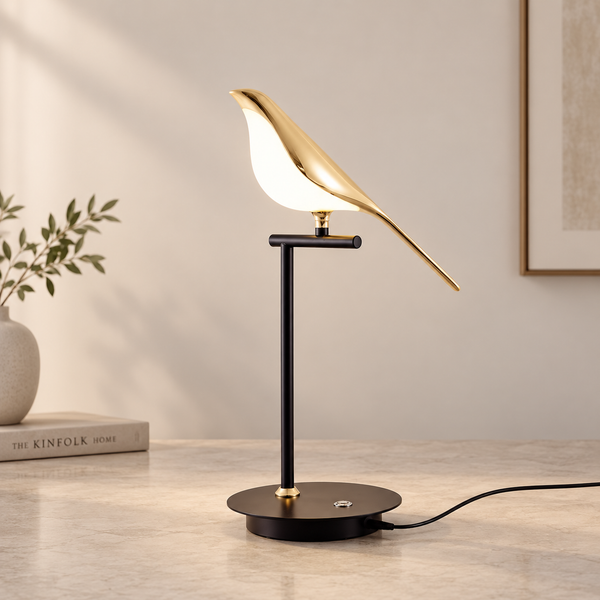 Avelle single bird table lamp lit on a pale console in a bright room