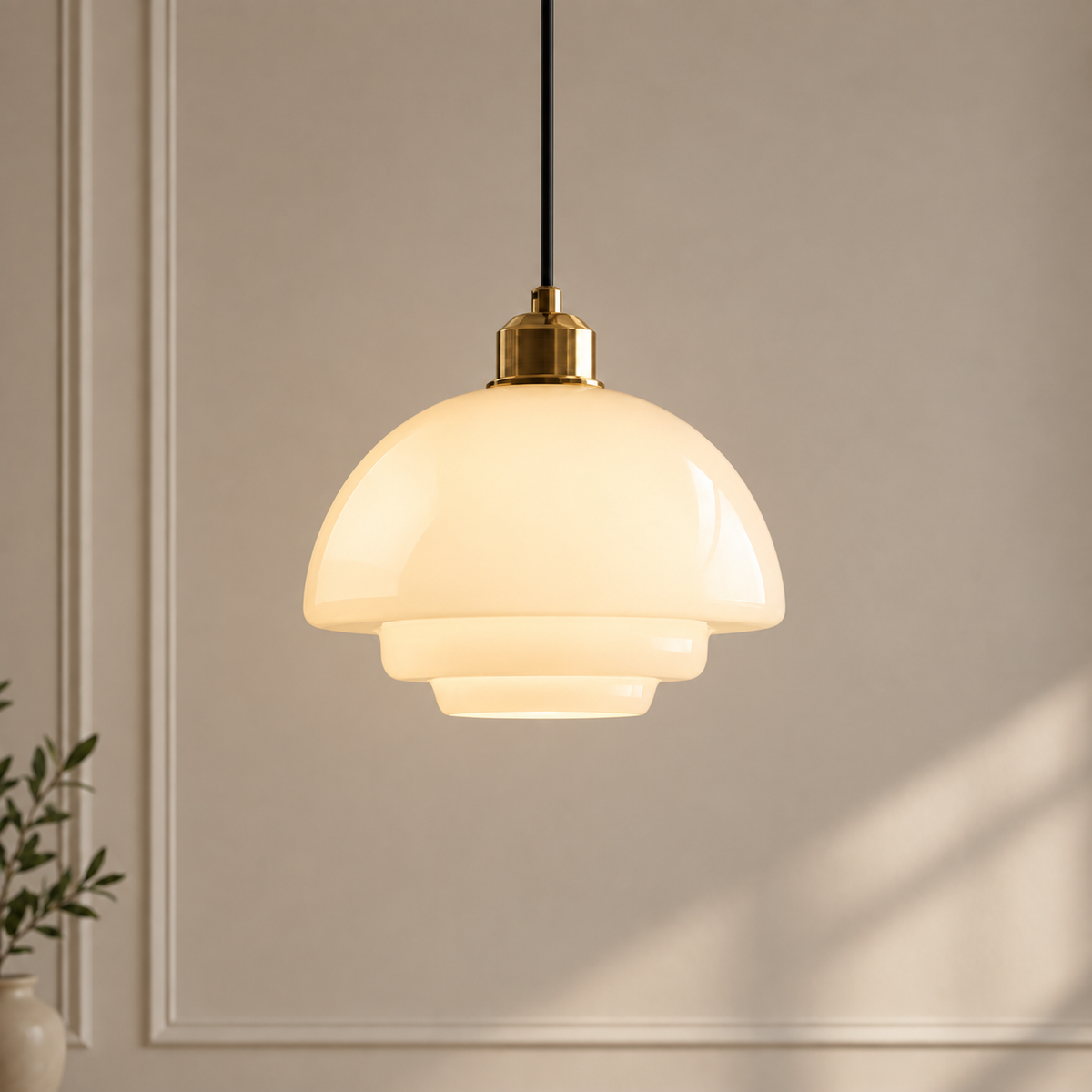 Brassa pendant light, style B, milk glass shade with brass detailing