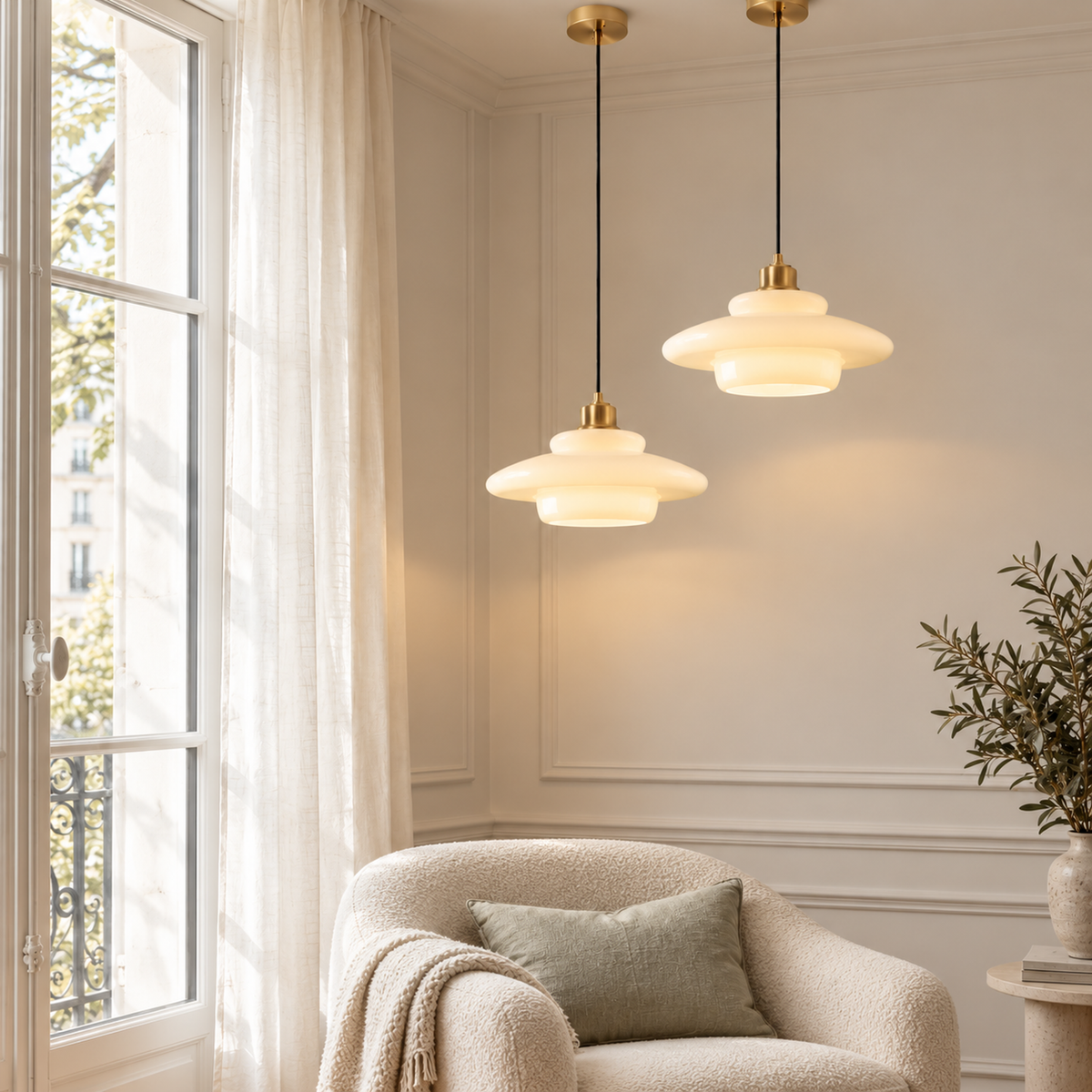 Two Brassa milk glass and brass pendant lights beside a tall window above a boucle armchair