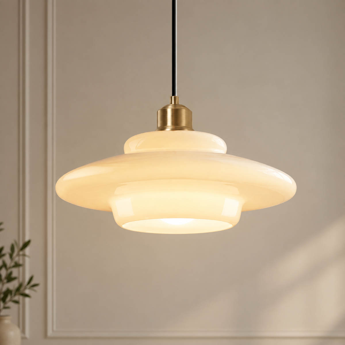 Brassa pendant light, style C, milk glass shade with brass detailing