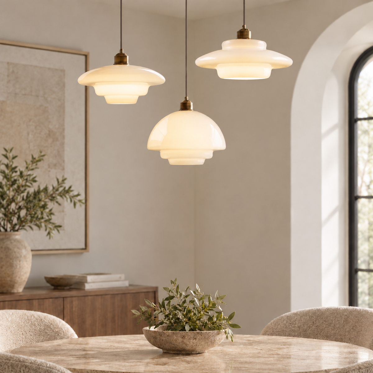 Three Brassa milk glass and brass pendant lights hung at staggered heights above a marble dining table beside an arched window