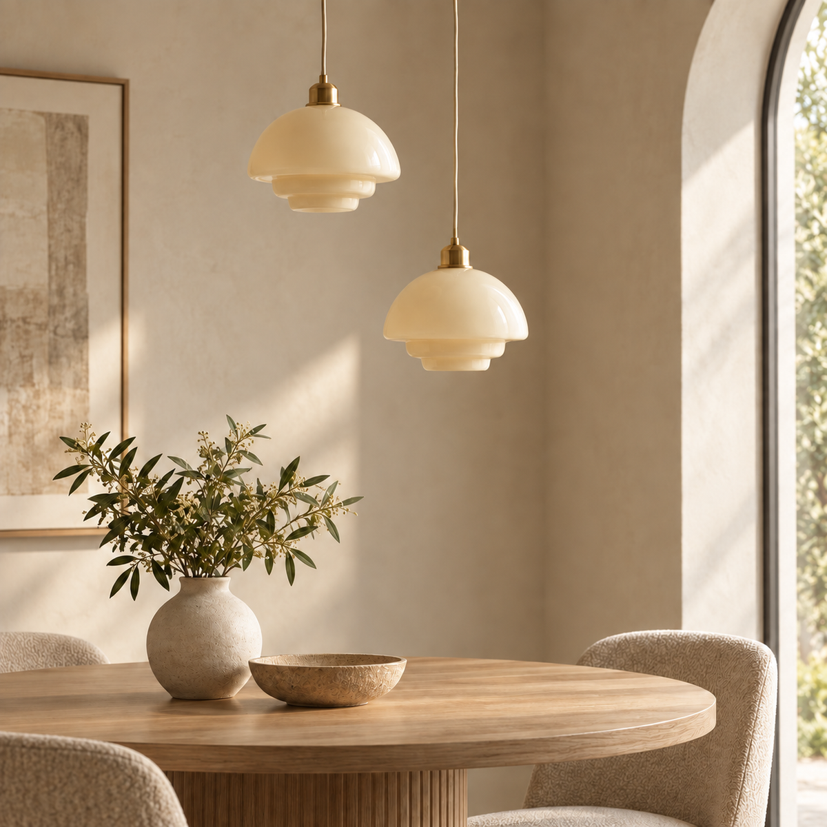 Two Brassa milk glass and brass pendant lights above a round fluted wood dining table in a sunlit room