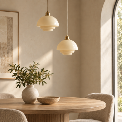 Two Brassa milk glass and brass pendant lights above a round fluted wood dining table in a sunlit room