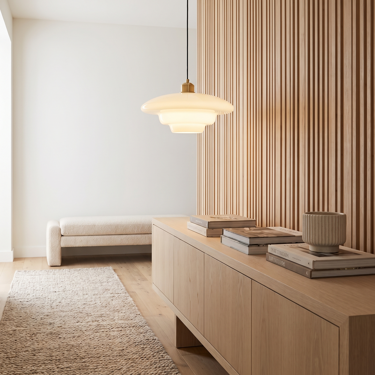 Brassa pendant light above a console in an entry hall