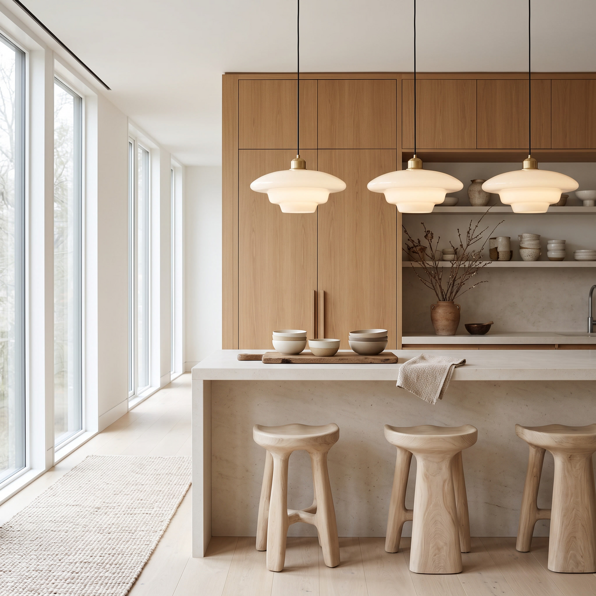 Three Brassa pendant lights above a kitchen island