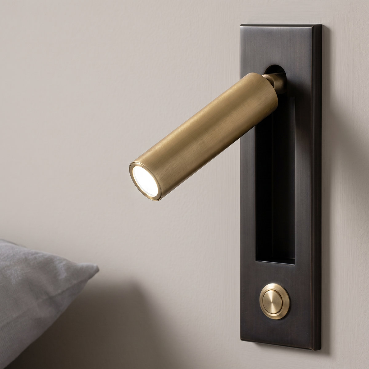 Lorenzo Bedside Sconce - Matt Black + Copper, cylinder, button switch