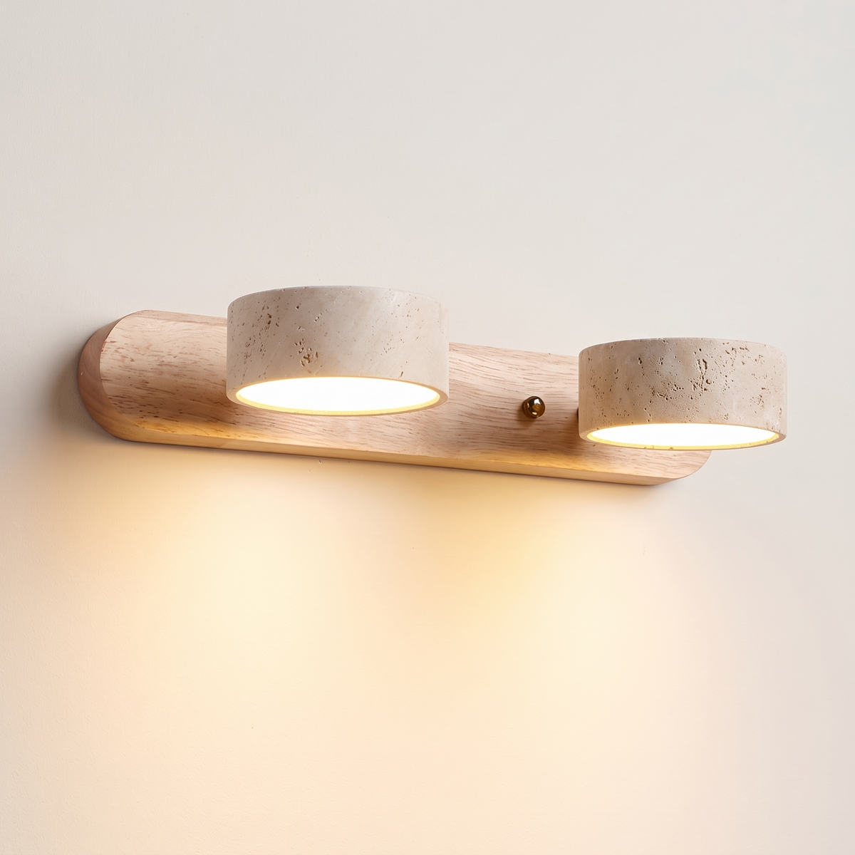 Livia travertine wall light, 2-light natural wood
