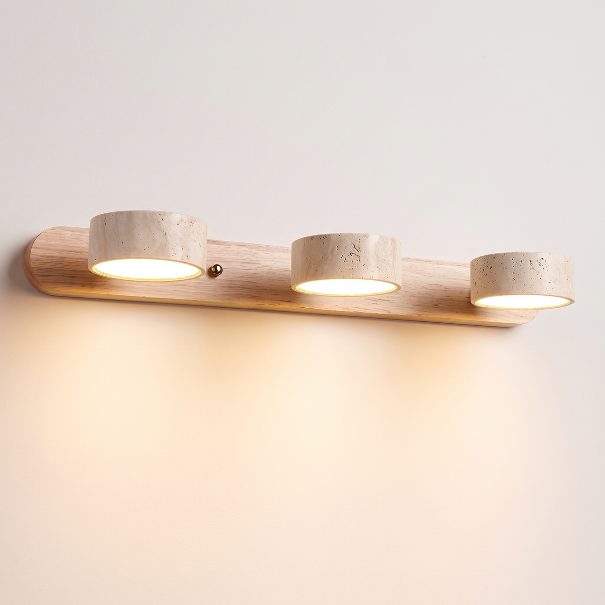 Livia travertine wall light, 3-light natural wood