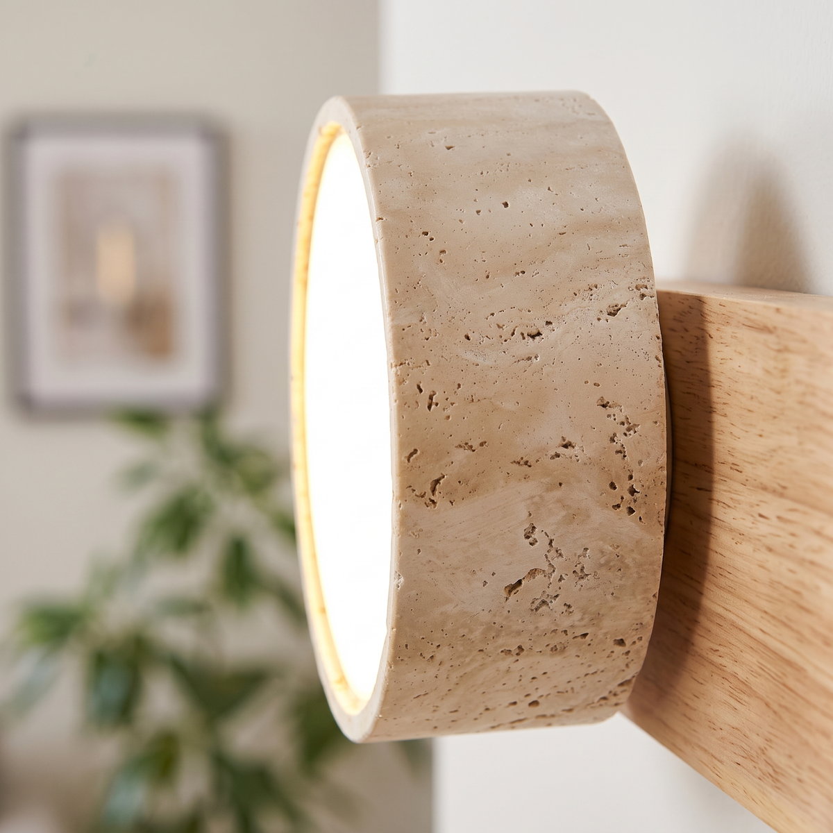 Close-up of the Livia real travertine stone drum
