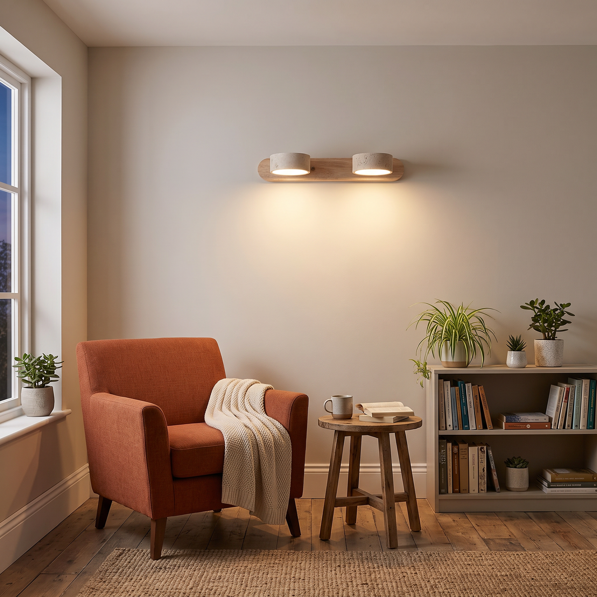 Livia 2-light travertine wall light above a reading armchair