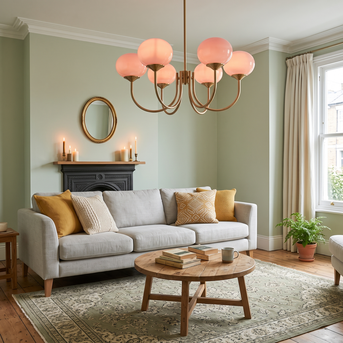 Margaux pink glass chandelier in a living room