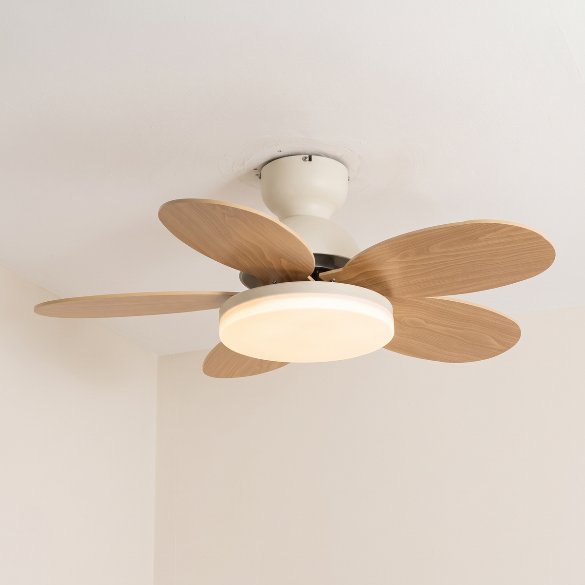 Flora ceiling fan light, white and wood grain