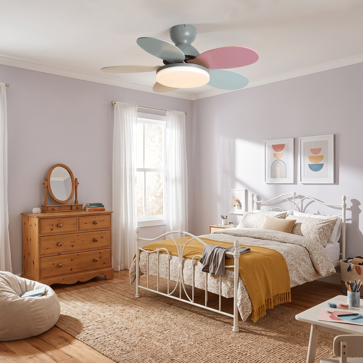 Flora petal ceiling fan in a bedroom