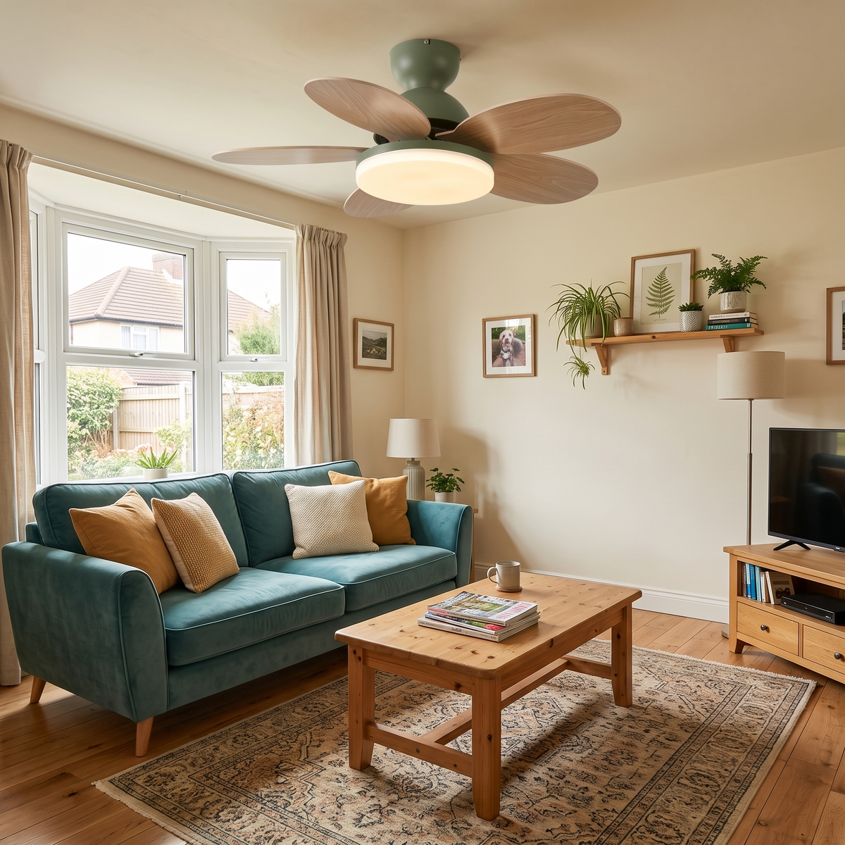 Flora wood-grain ceiling fan in a living room