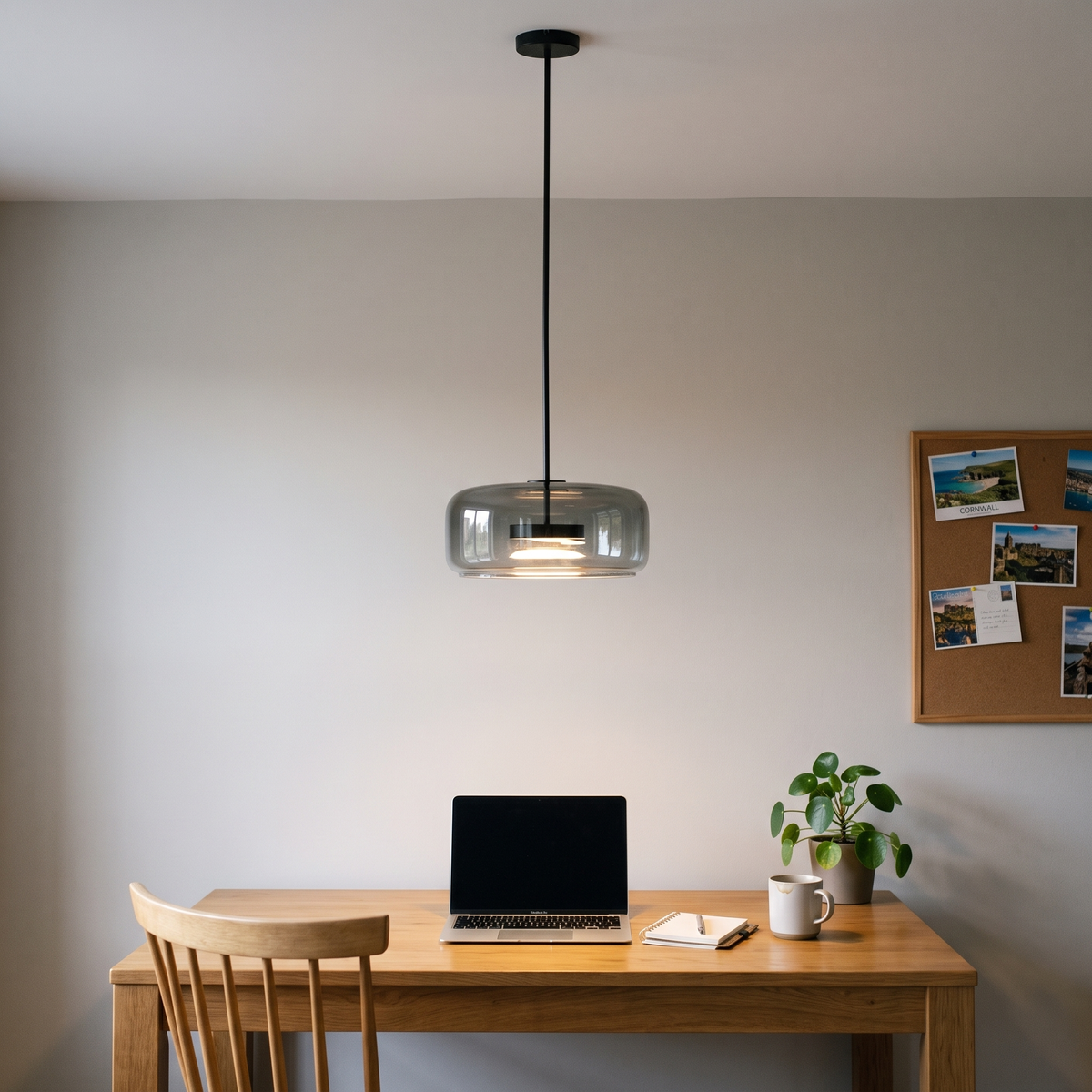 Dante smoked pendant over a home office desk