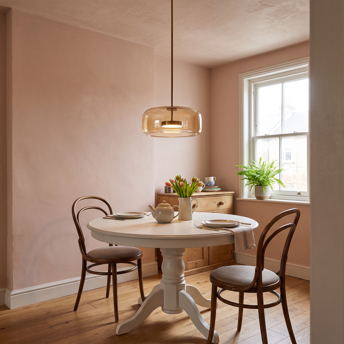 Dante amber pendant over a round dining table