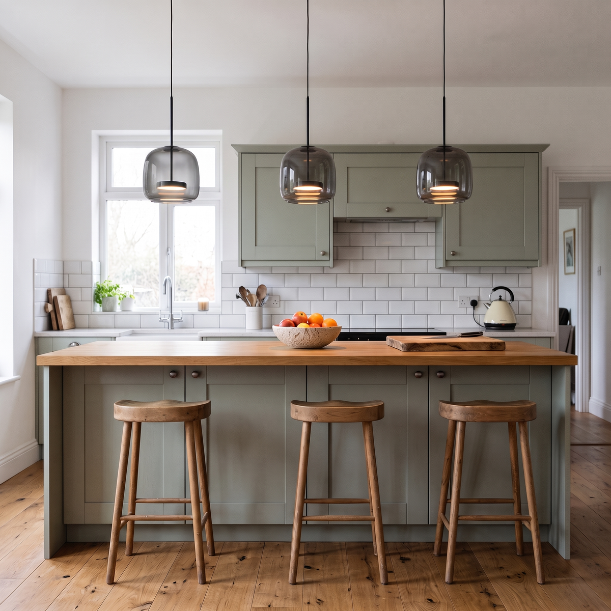 Three Dante smoked pendants over a kitchen island