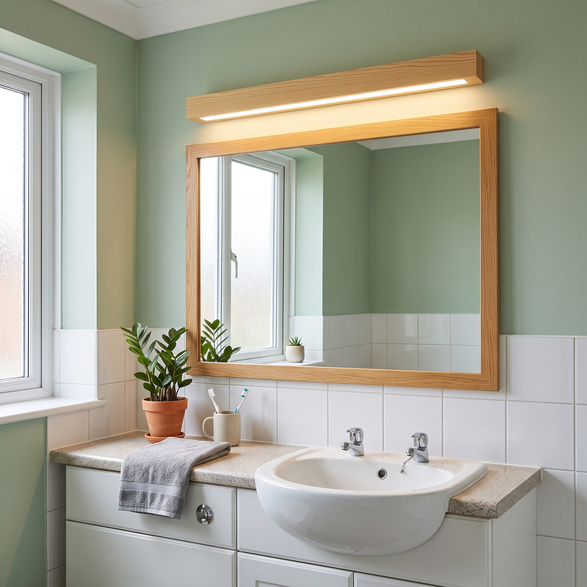 Alessio wood wall light above a bathroom mirror