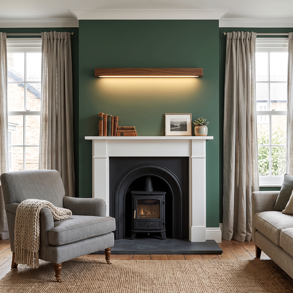 Alessio walnut wall light above a fireplace
