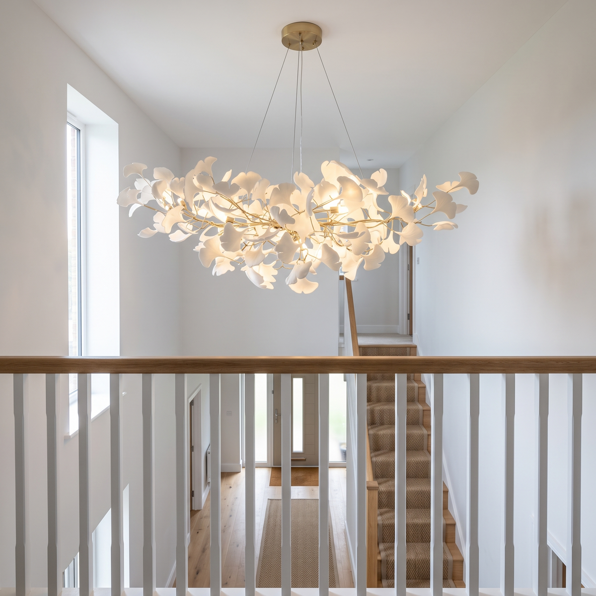 Gold Seraphina chandelier in a double-height stairwell