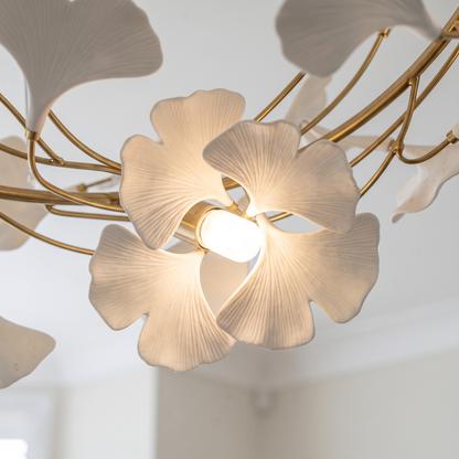 Close-up of Seraphina porcelain ginkgo leaves glowing