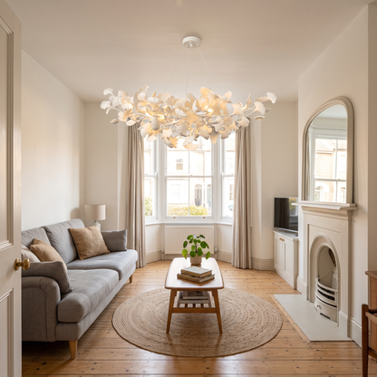 White Seraphina chandelier in a bay-window living room