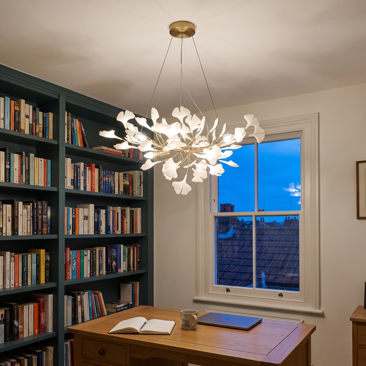 Compact gold Seraphina chandelier in a home study at dusk