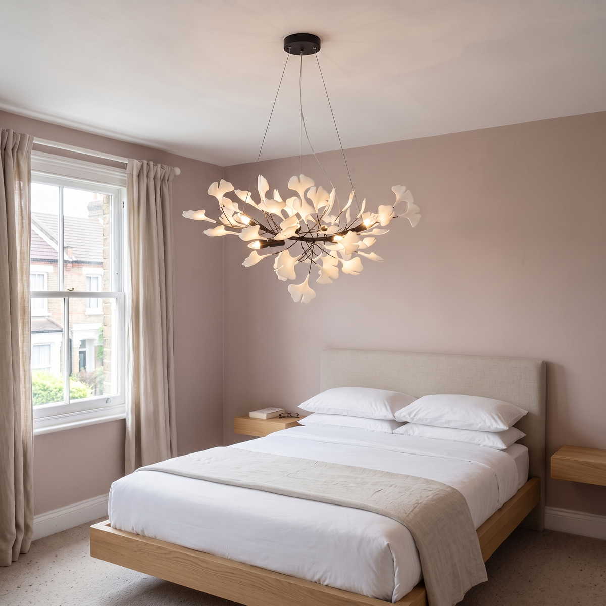 Compact black Seraphina chandelier in a bedroom