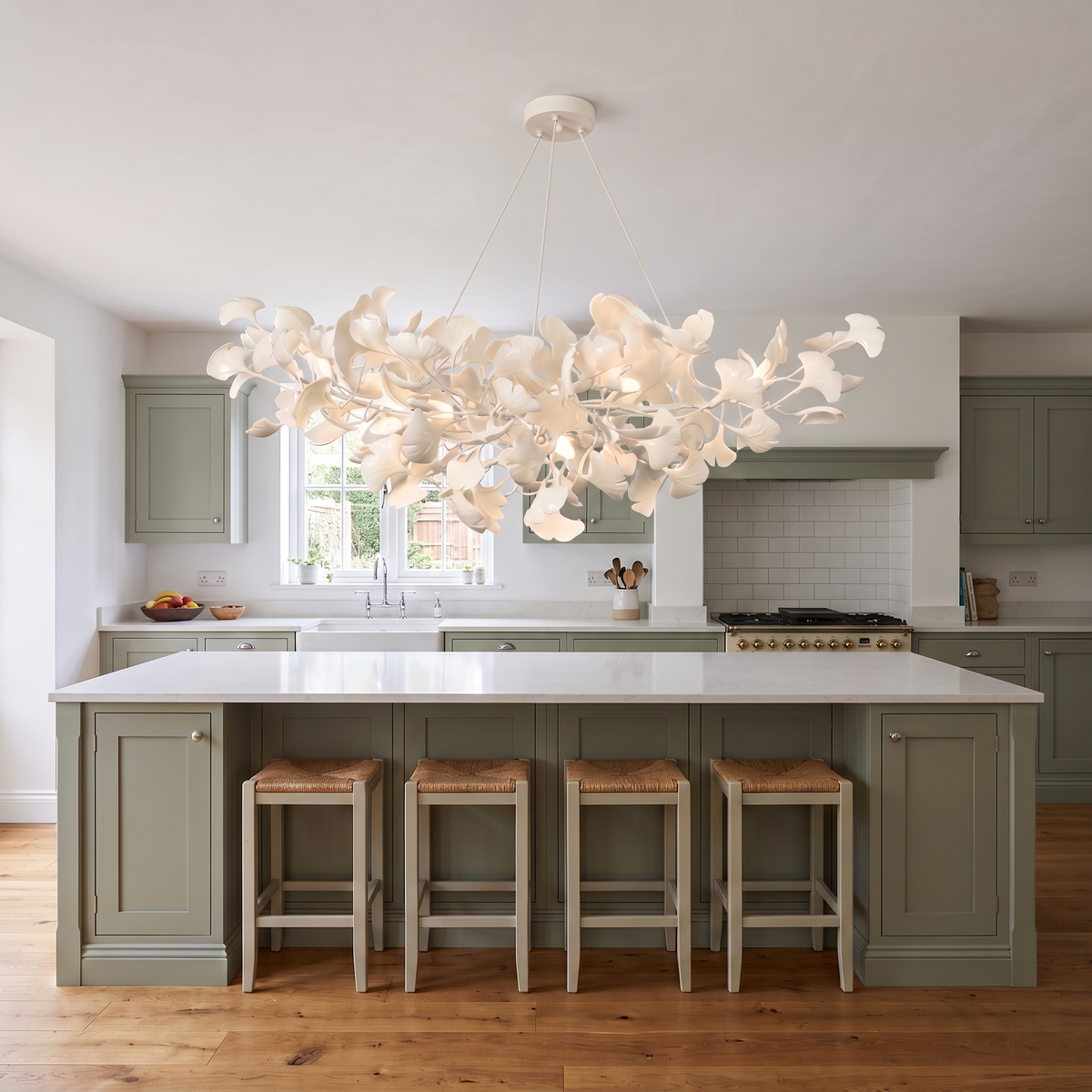 White Seraphina chandelier over a kitchen island