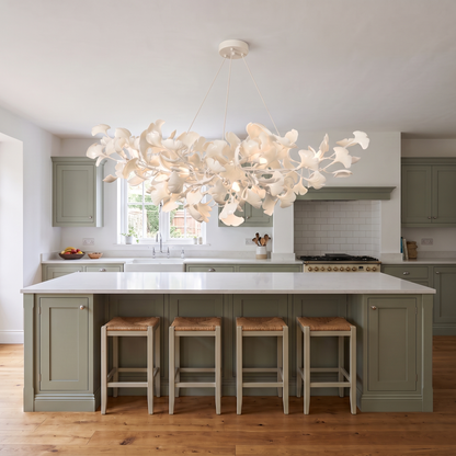 White Seraphina chandelier over a kitchen island