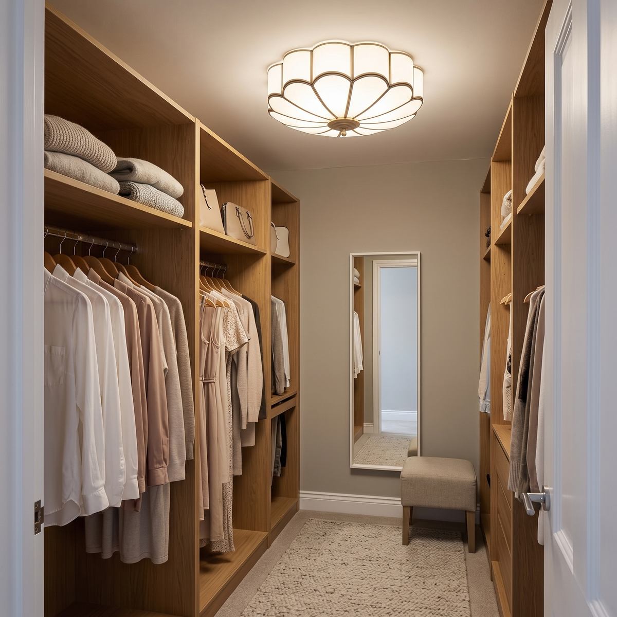 Rosalind flush ceiling light in a dressing room