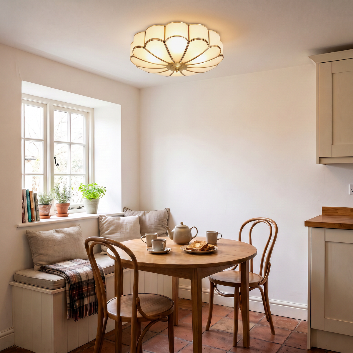 Rosalind flush ceiling light above a breakfast table
