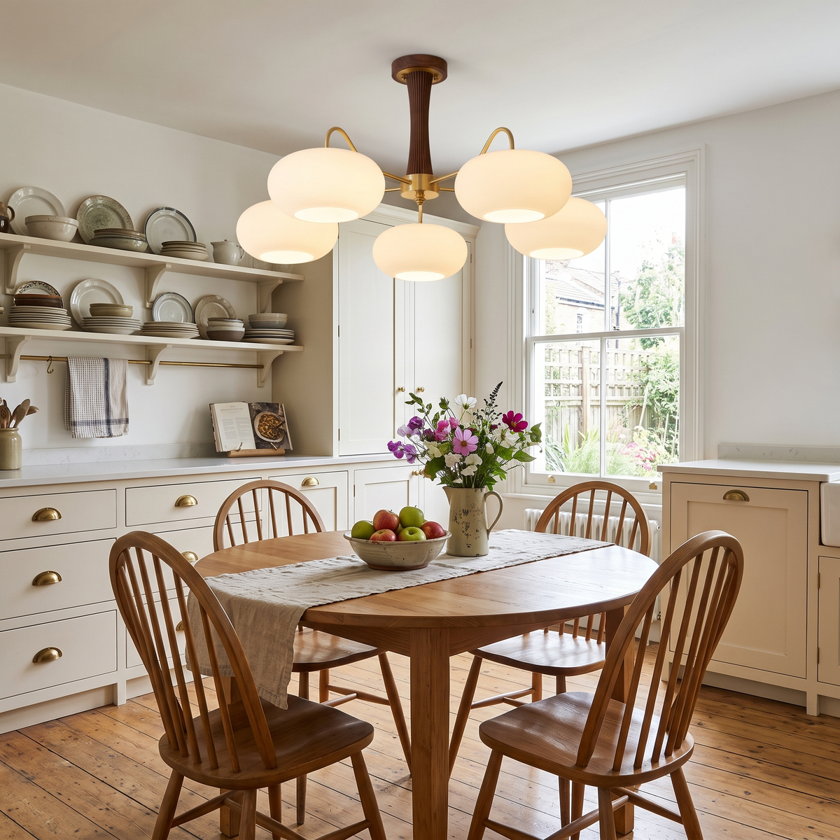 Cassius chandelier over a round oak dining table