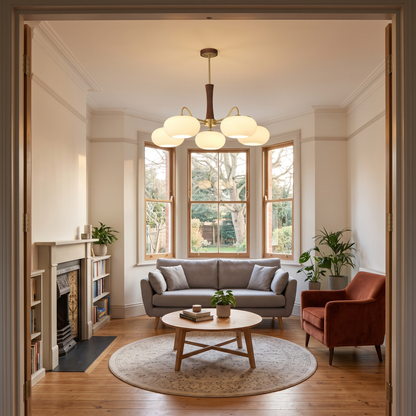 Tall Cassius chandelier in a bay-window living room