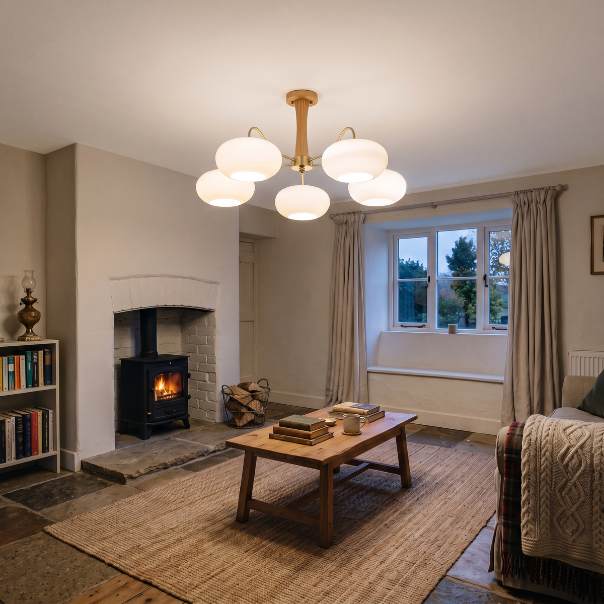 Cassius chandelier in a low-ceiling cottage sitting room
