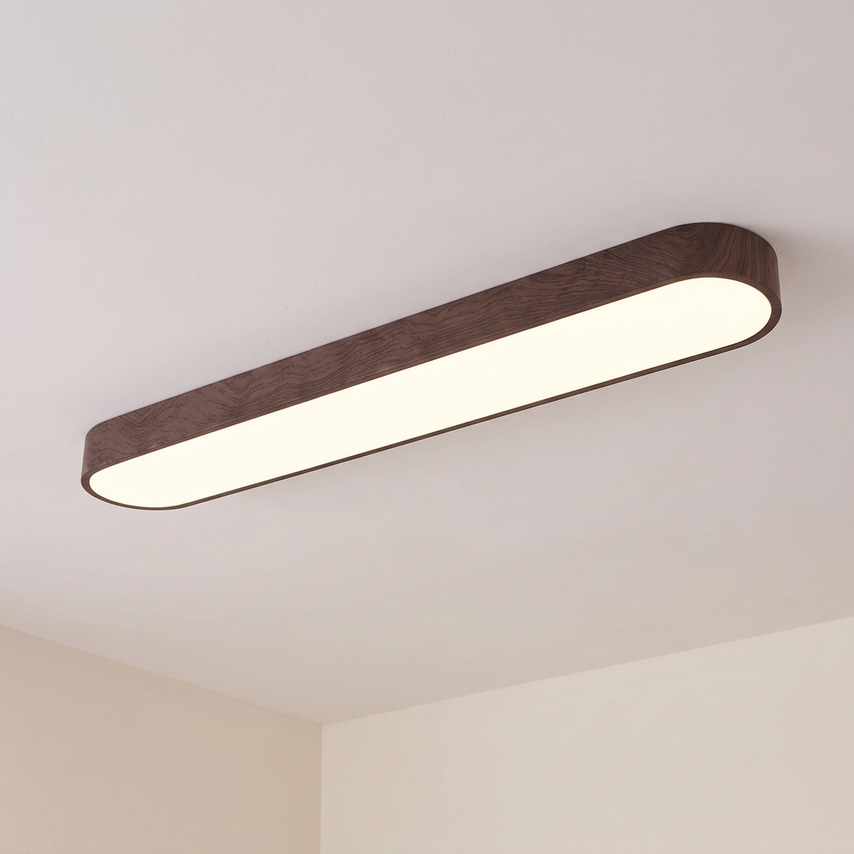 Elodie oval ceiling light, dark brown wood-grain, warm white light