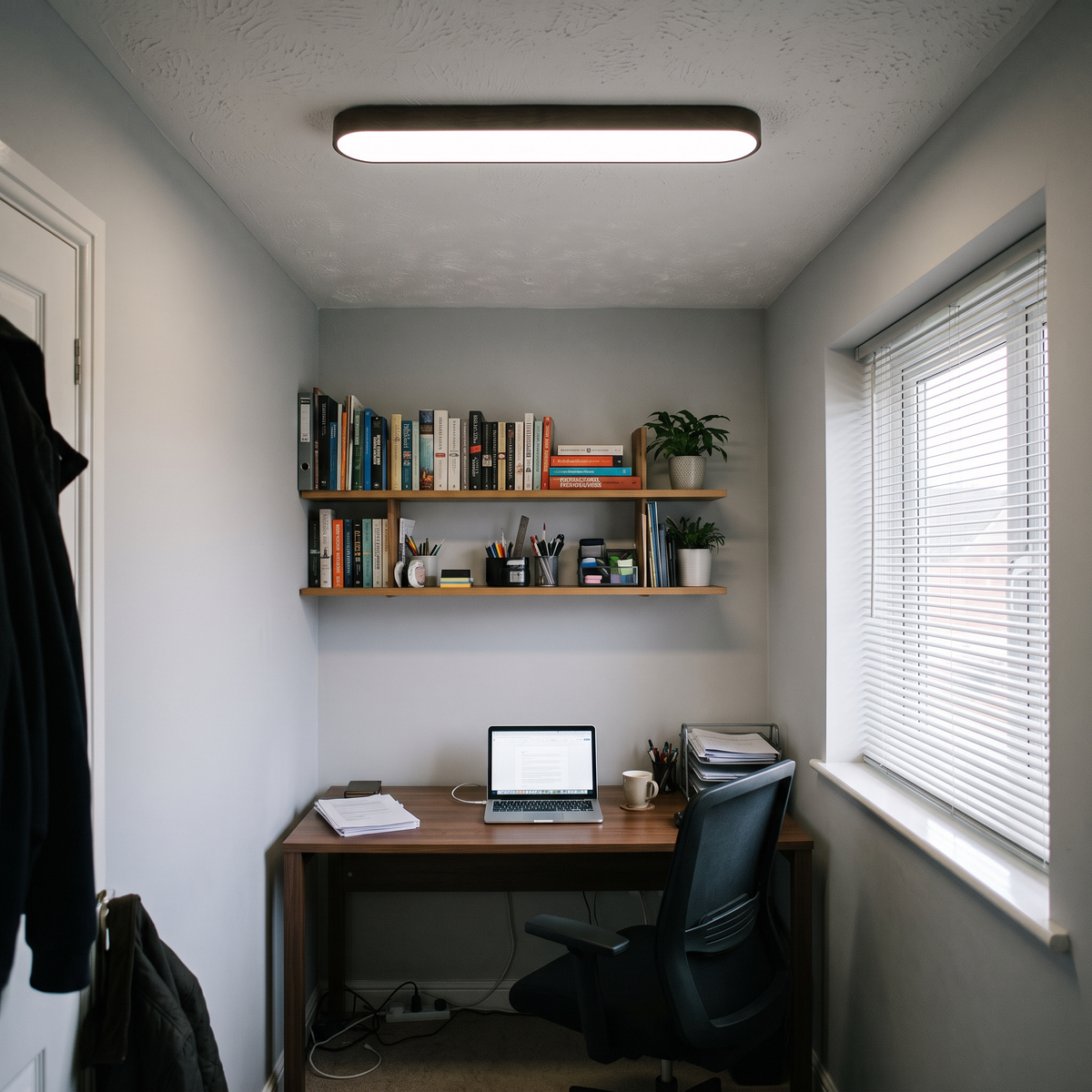 Elodie dark wood oval ceiling light in a small home office